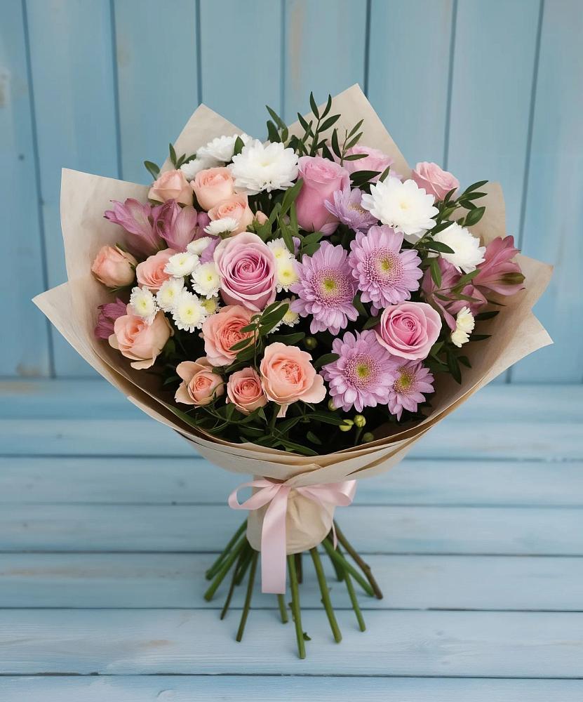 Букет цветов из: Хризантемы, Розы и Альстромерии в Елань-Коленовский