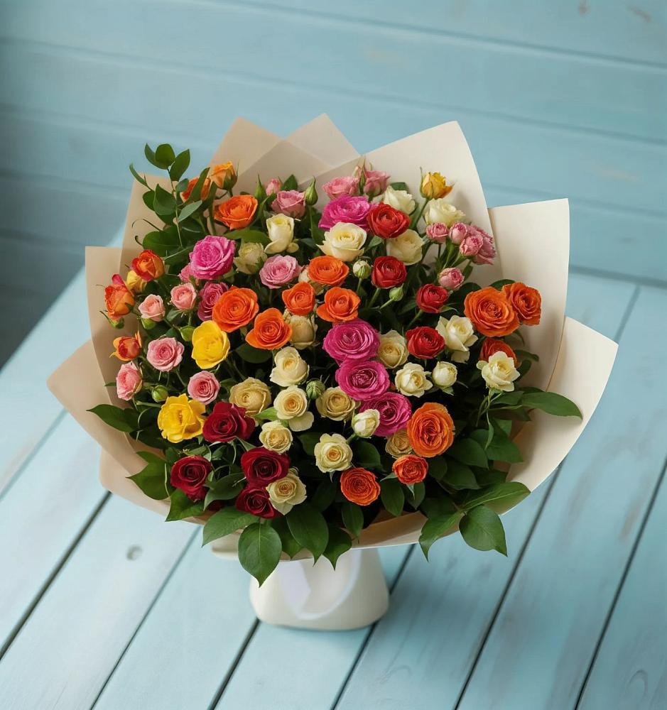 Букет Микс из разноцветных кустовых роз в Елань-Коленовский