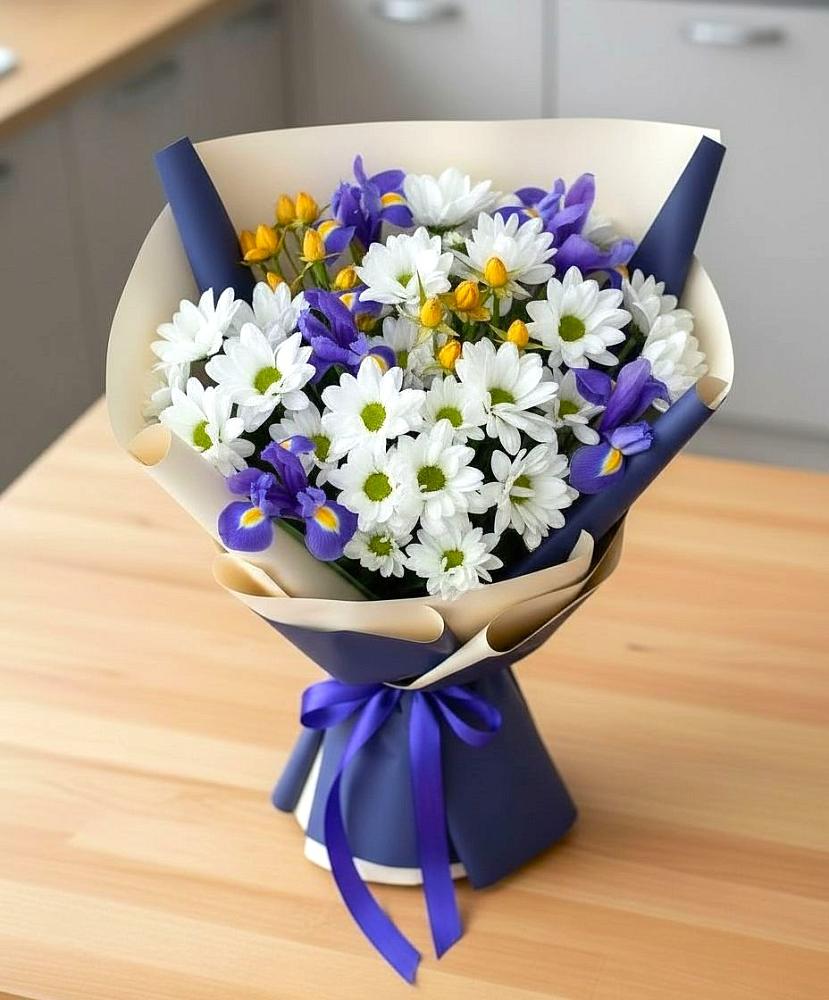 Букет цветов из: Розы, Ирисы и Хризантемы в Елань-Коленовский