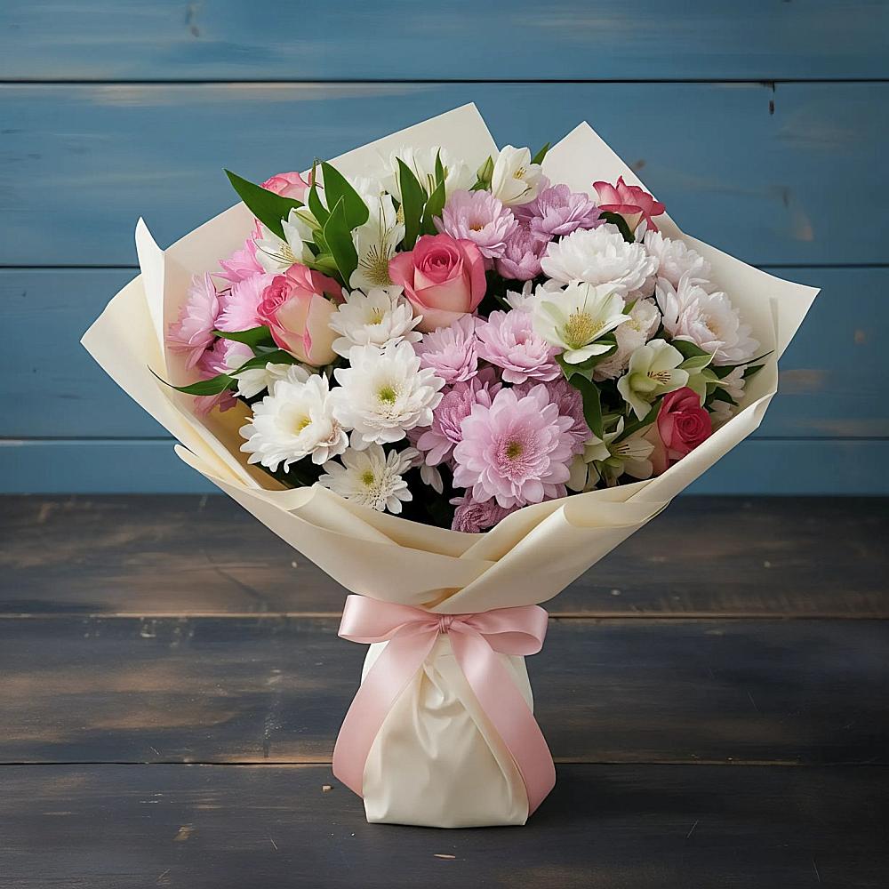 Букет цветов из: Хризантемы, Альстромерии и Розы в Елань-Коленовский